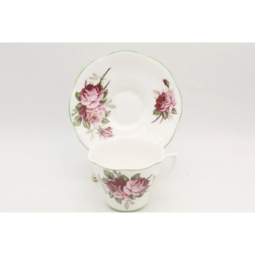 Roses Tea Cup and Saucer Set England Pink Shabby VTG Crownford Fine Bone China
